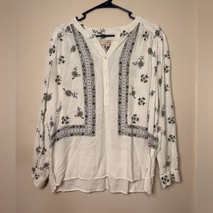 LOFT White Embroidered Floral Peasant Tunic with Black and Yellow Accents